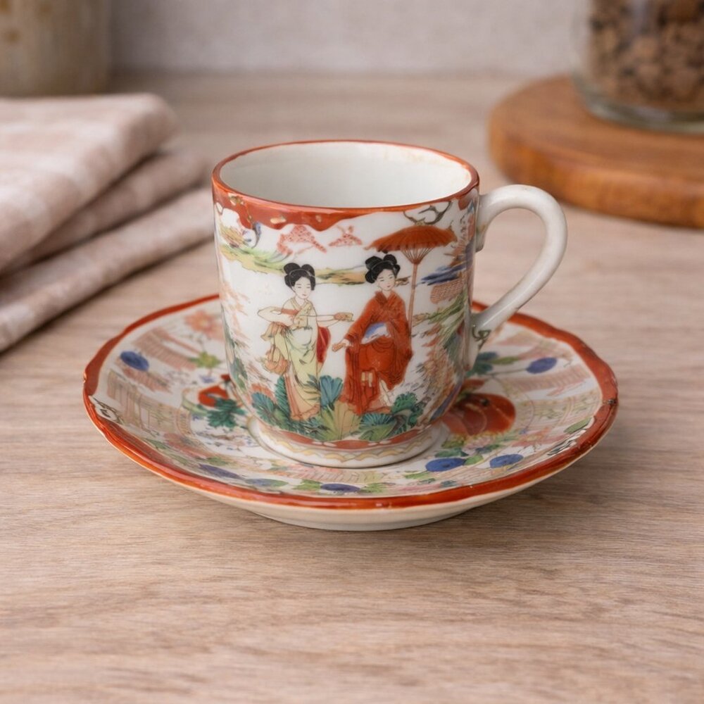 2 Piece Tea Cup Set Hand Painted Japanese Plate & Cup with Geisha Girls‎ Vintage